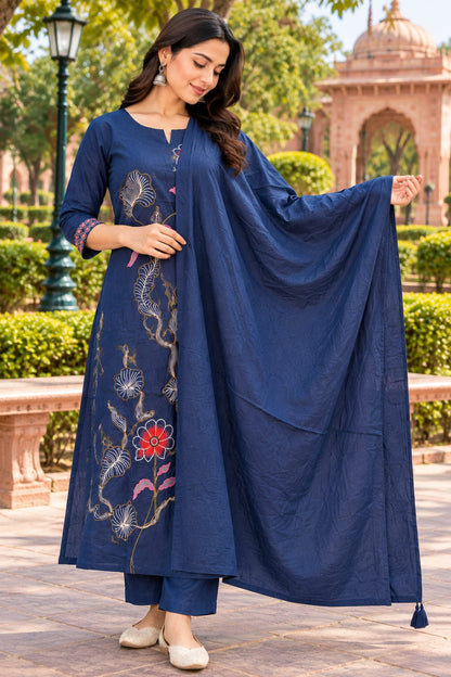 Navy Blue Embroidered Kurta Pant & Dupatta Set