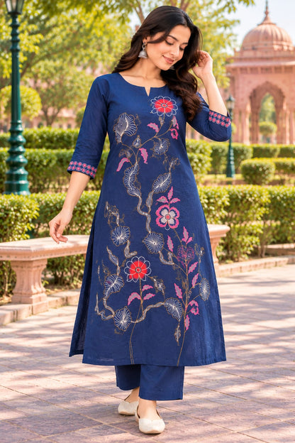 Navy Blue Embroidered Kurta Pant & Dupatta Set