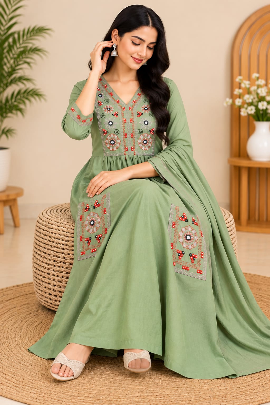 Sage green Embroidered Anarkali Kurta Set with Pant & Dupatta