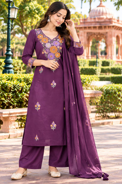 Purple  Embroidered Kurta Set with Pants & Dupatta