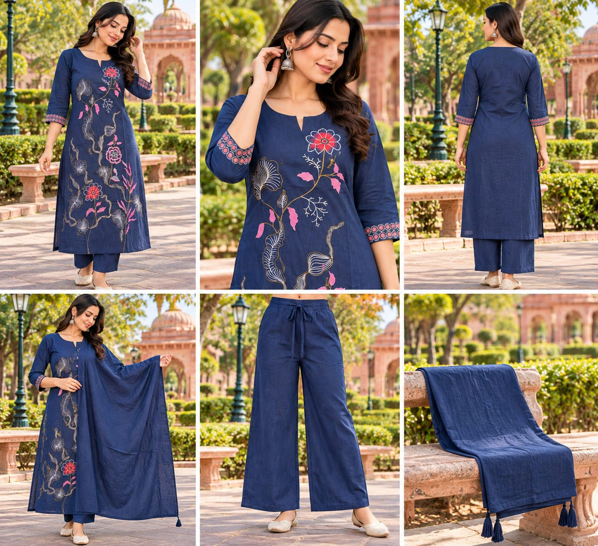 Navy Blue Embroidered Kurta Pant & Dupatta Set
