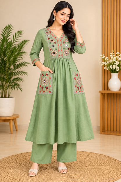 Sage green Embroidered Anarkali Kurta Set with Pant & Dupatta