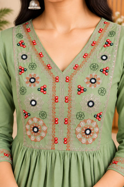 Sage green Embroidered Anarkali Kurta Set with Pant & Dupatta
