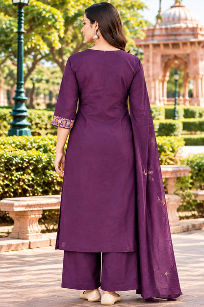 Purple  Embroidered Kurta Set with Pants & Dupatta