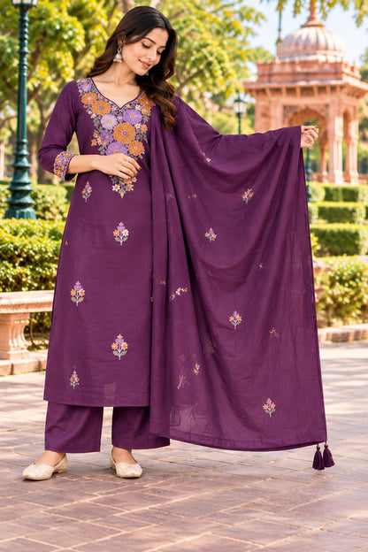 Purple  Embroidered Kurta Set with Pants & Dupatta